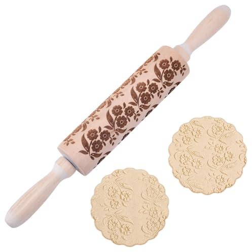 DELORIGIN Embossed Wooden Rolling Pin Flower Leaves Print 35cm Rolling Pin for Baking Biscuits 3D Pattern DIY Kitchen Tool Baking Accessories Homemade Bakery Pastry Cookie Fondant Dough Pizza