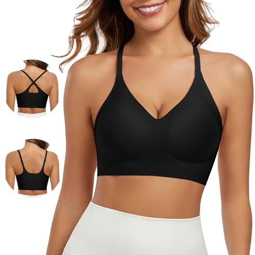 LEYSHE Seamless Wireless Bralette for Women Soft Padded Bras Non Wired with Cross-Back Comfortable Tshirt Bra,Black,XL