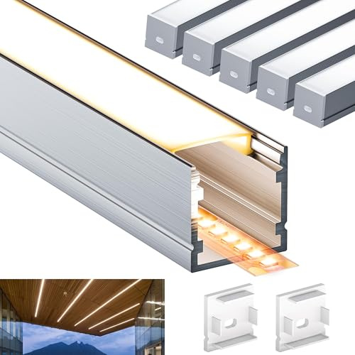 LASLUX LED Profil Aluminium 5 x 2m(10m), U-Form Aluminiumprofil mit Milchiger Abdeckung für LED-Strips, Endkappen, und Montageklammer für LED-Streifen L2000x20x20mm