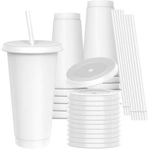 OZMOJOO Vasos de plástico de 24 onzas con tapas y popotes, resistentes y aptos para alimentos, tazas de café helado con tapa, vaso de plástico reutilizable, vasos para bebidas frías, batidos, batidos