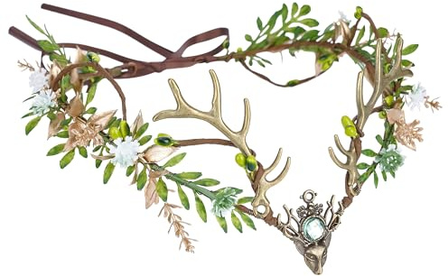 MOSTORY Woodland Fairy Antler Crown for Women, Fairy Crown Flower Headpiece for Renaissance Halloween Cosplay