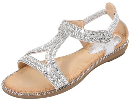 Generisch Retro Estilo étnico Luz Vacaciones en la Playa Tacón Elástico Casual Sandalias Planas,Sandalias de Mujer Verano Cómodas,Correa en T Cuña Plana,Zapatos de Playa Zapatos Casuales, plata, 38 EU