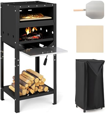 Happygrill Four à pizza d'extérieur de 30,5 cm, poêle à pizza à bois avec cendrier et rangement en bois, pierre à pizza, pelle à pizza et housse en tissu Oxford, machine à pizza multi-combustibles