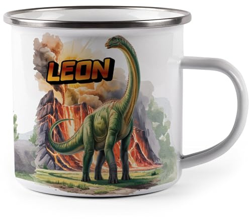 miKalino Emaille Tasse Riesiger Brachiosaurus personalisiert mit Namen Kinder Becher mit Motiv – Emaille Becher für Jungen & Mädchen – Camping Tasse leicht & robust Geschenkidee Kindertasse
