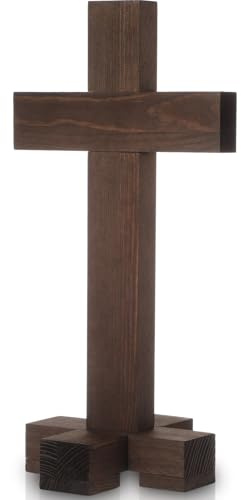 GlikCeil 16'' Wooden Cross with Stand for Hanging or Standing Dark Brown Wood Wall Cross Jesus Christ Catholic Crafted Supplies He Is Risen Ornaments for Easter Wall Table Church Decoration
