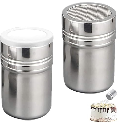 2PCS Flour Shaker Set, Stainless Steel Icing Sugar Shaker with Fine Mesh Lid, Handy Icing Sugar Shaker Duster and Chocolate Duster for Baking & Desserts