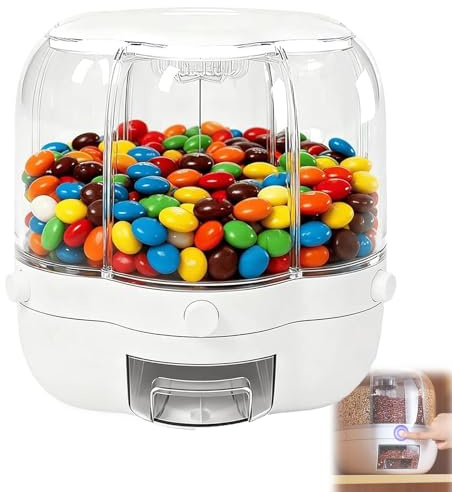 360° Multi Candy Dispenser Carousel 6 Compartments Snack Spinner, Fun Press-Type Nut Storage Box For Mini Snacks, Candies, Coffee Beans, Rice, Grain Etc. (White,Large)