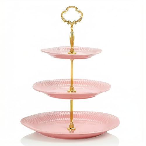 Keramwerk Etagere 3 Etagen, 3-stöckiger Keramik-Kuchenständer, gestufter Hochzeits-Dessert-Cupcake-Ständer für Teepartys, Essens-Servierer (Gold & Pink)