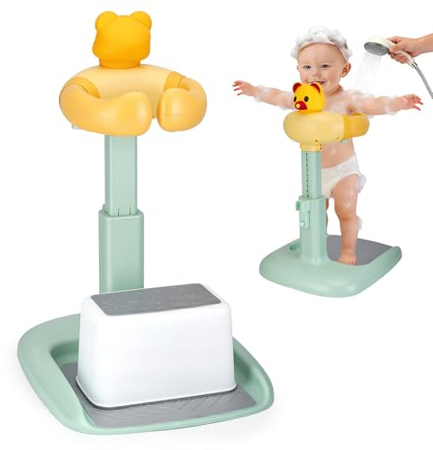 Baby Duschständer mit Sitz, Höhen- & Breitenverstellbar, Antirutsch, 6–36M | ABS ohne BPA, 47–62cm höhenverstellbar, 17–27cm Armlehnen, rutschfest, Sitz & Hocker, mit Duschhalter, für Bad & Pflege