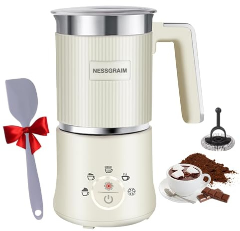 NESSGRAIM 5-in-1 Electric Milk Frother, Automatic Milk Frother & Steamer for Hot & Cold Foam, Large Capacity Milk Warmer for Latte Cappuccino, Hot Chocolate Maker, Dishwasher Safe, Beige