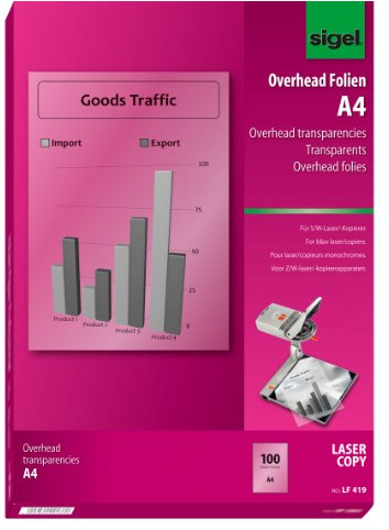 SIGEL LF419 OHP-Folien / Overheadfolien A4, 100 Blatt, für S/W-Laserdrucker Kopierer