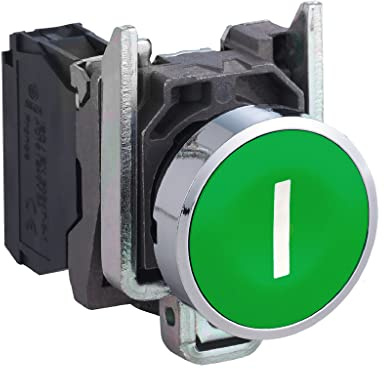 Schneider Electric Harmony XB4 XB4BA3311 Druckknopfschalter, Metall, Federrücklauf, 1NO, 22 mm-Halterung, gekennzeichnet mit „I“, Unterputz-Bedienprofil, Grün