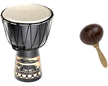 Große 60cm Djembe Holz Trommel Bongo Ziegenfell Elefant Schwarz + Kokos Rassel Maraca R2