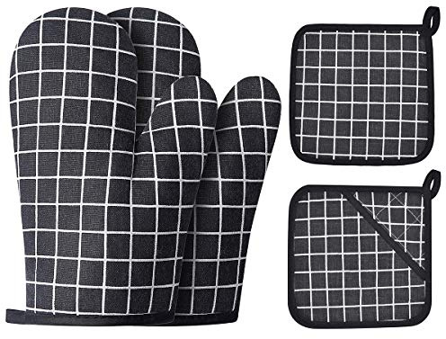 Win Change Oven Mitts and Potholders BBQ Gloves-Oven Mitts and Pot Holders with Recycled Infill Silicone Non-Slip Cooking Gloves for Cooking Baking Grilling (4-Piece Set,Black)