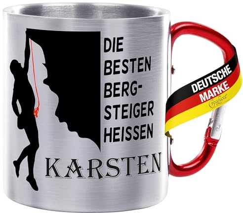 CreaLuxe Edelstahltasse mit Karabiner - Die besten Bergsteiger heißen Wunschname - 330ml, Tasse personalisiert, Kaffeetasse, Bürotasse, Metalltasse mit Name