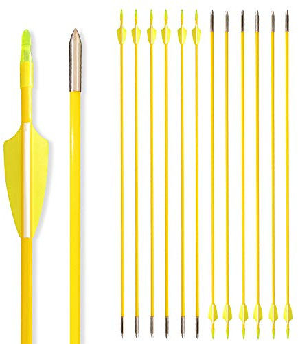 SHARROW 12/24st Pilar för Bågskytte Glasfiberpilar 31 tum Jaktmålpilar Jakt Mål övningspilar Spine 900 Glasfiber Pilar för Nybörjare (Gul, 12st)