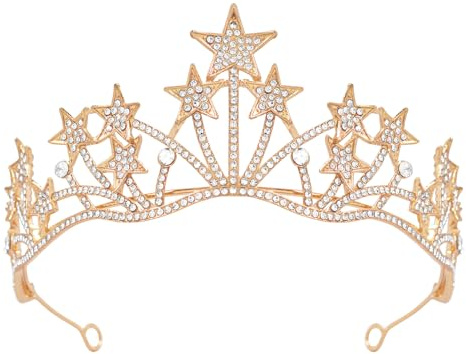 Vofler Star Headband Crown, Gold Tiara Headband Headpiece Crystal Rhinestone Hair Jewelry for Women Ladies Girls Bride Princess Birthday Wedding Pageant Prom Homecoming Halloween Costume Party