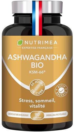 Ashwagandha – 7200 mg – Actif BIO Breveté KSM-66® – Extrait 12:1 Titré à 5% en Withanolides – Bien-Être Physique & Mental – Stress & Cortisol – 90 Gélules Vegan – Nutrimea – Fabriqué en France