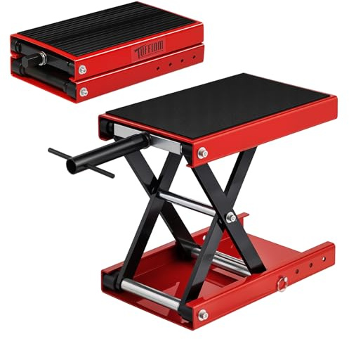 TUFFIOM 1100LBS Motorcycle Scissor Lift Jack，Height Adjustable with Rubber Top Surface & Safety Pin, Foldable Motorcycle Center Stand for Dirt Bike ATV, Red
