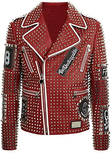 HiFacon Herren Motorradjacke mit Nieten, Retro-Stil, Rot Gr. S, Rot – Lederjacke