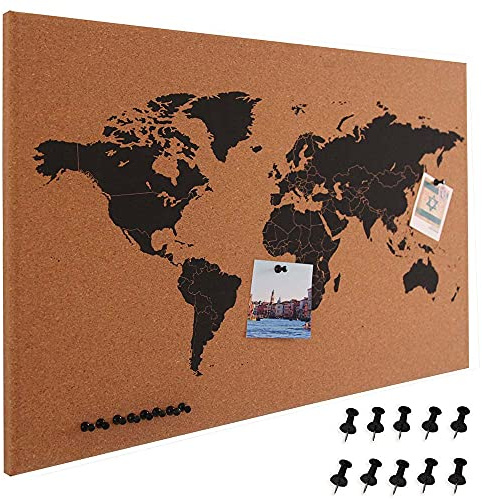 BAKAJI Pinnwand Weltkarte aus Kork Landkarte Weltkarte Holzrahmen Größe 60 x 40 cm Wand Modernes Design mit 0 Reißnägeln Geschenkidee