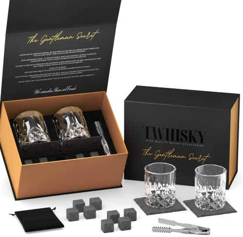 Twhisky Premium Whisky Gläser Geschenkset - 2 Whiskey Gläser Tumbler 300 ml, 8 Wiederverwendbare Whisky Steine aus Basalt, 2 Schiefer-Untersetzer, Zange & hochwertiger Geschenkbox