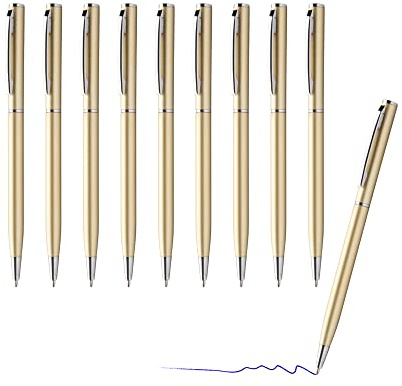 sin4sey 10er Set Kugelschreiber - schlankes Design - edler Aluminium Kugelschreiber (Gold)