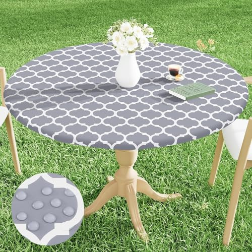 Dremisland Runde Elastische Tischdecke Fitted Vinyl Tischschutz mit Flanell Futter Wasserdicht Abwischbar Moroccan Tischdecke für Indoor Outdoor Picknick Camping Partys (110–140 cm, Rund, Grau)