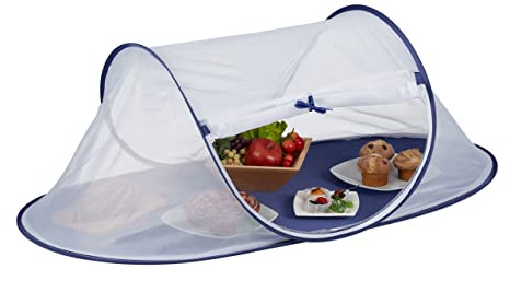 Relaxdays Fliegenhaube Lebensmittel, Faltbare Abdeckhaube für Obst, Kuchen, HBT: 40 x 110 x 58 cm, Obsthaube, blau/weiß