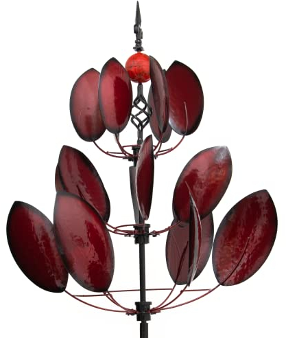 HAFIX Windrad Windrose 3D Optik Ø62cm. Windspiel für den Garten aus Metall. Windmühle mit Höhenverstellung dekorativ einzigartiger Blickfänger, wetterfest & UV-beständig Deko in weinrot H: 202cm.