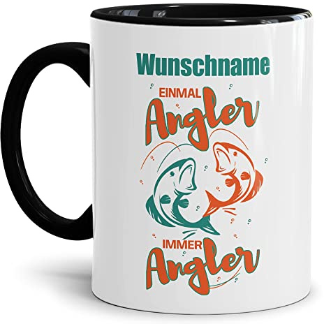 Tassendruck Tasse selbst gestalten - mit Name personalisieren - mit Spruch - Einmal Angler, immer Angler - Geschenkidee für Angler, Fischer, Petri Heil | Innen & Henkel Schwarz, 300ml