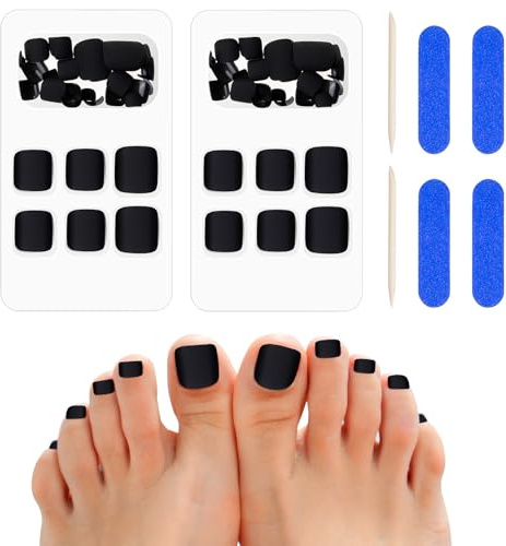 Kiiwah 48 Stück Künstliche Fußnägel zum Aufkleben, Full Cover Acryl Matt Quadratisch Falsche Zehennägel Tips mit Nagelfeilen für Damen Frauen Nagelkunst DIY(Schwarz)