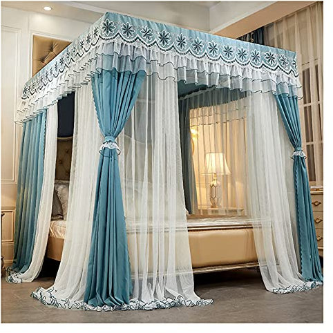 Prinzessin Betthimmel Moskitonetz 4 Eckpfosten Baldachin Vorhänge Doppelschicht Stickerei Spitze Blackout Bettvorhänge für Doppelbett (Größe: 2 × 2,2 m, Farbe: Blau)