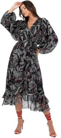 Lovedrobe Women's Midaxi Dress Ladies Long Balloon Sleeve V-Neck Faux Wrap Ruffle Frilly for Wedding Guest Party Occasion Casual, Black, 8