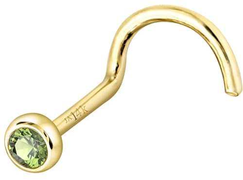 Jewelry Avalanche Solid 14K Yellow Gold Nose Screw Stud Bezel Set 2mm Peridot 22G Cork-screw Nose Stud - August Birthstone Nose Ring Stud NSBZ-PD20YG
