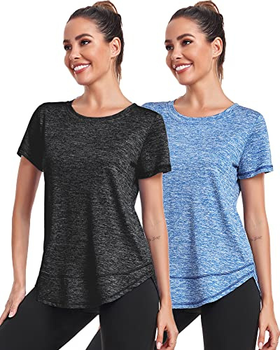 Deaviya Sport T-shirt, dam, kortärmad tröja, kvinnor, träningstoppar rund hals, atletisk ledig, löpning, yoga, fitness, t-shirts, ledig sida, delad te, 2 st svart + blå, L