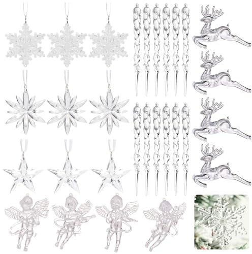 29 Piece Clear Acrylic Christmas Decorations - Hanging Icicle Drop Ornaments - Teardrop Hanging Ornaments - Snowflake Icicle Ornaments for Decorating Christmas Trees