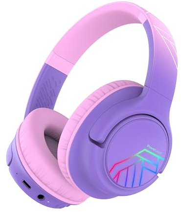 PowerLocus Bobo Bluetooth Kopfhörer Kinder, Kinderkopfhörer Over Ear mit 74/85/94dB Lautstärkebegrenzung, LED-Leuchten, Kabellos & Aux-Kabel Faltbare Kopfhörer mit Mikrofon für Handy/Tablet/Reisen