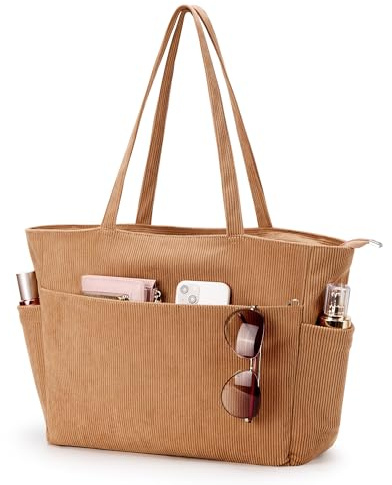 Cord Handtasche Damen Groß，Einkaufstasche Groß Tote Bag mit Reißverschluss | Tasche Damen Mehrere Taschen，Shopper Tasche Damen Arbeiten, Büro, Schule, Reisen und für den täglichen Gebrauch