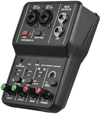 ERYUE Sound Card Audio Interface Professional Recording Sound Card 16bit/48kHz Mini USB Audio Interface Sound Card 2-in & 2-Out with 48V Phantom Power USB-B Cable Studio Recording Equipment for Music