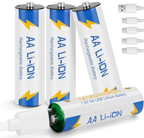 USB Wiederaufladbare AA Lithium Akkus 4 Stück, 1,5V Wiederaufladbare Batterien AA 1200mAh/ 1800mWh, mit 4-in-1 Ladekabel, für Xbox, Spielzeug