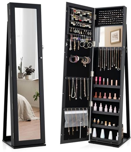 HOMASIS 3 in 1 Schmuckschrank mit 2 Spiegeln & Leiterregal, abschließbares Schmuckregal mit Ganzkörperspiegel & Kosmetikspiegel aus Holz, drehbarer Spiegelschrank für Ketten Ringe Ohrringe (Schwarz)
