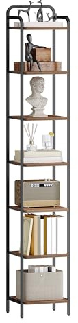 Hzuaneri Regal, Bücherregal, Standregal, Schmales Regal mit 7 Ebenen, Schmales Büroregal, Eckregal für Büro, Wohnzimmer, Schlafzimmer, Küche, 30 x 33 x 195,5 cm, Vintagebraun-Schwarz BC24801B