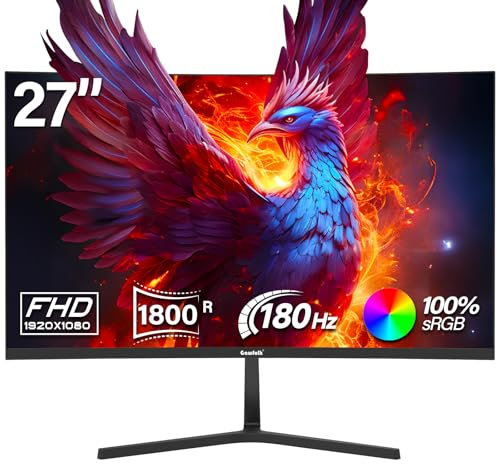 Gawfolk Curved Gaming Monitor 27 Zoll 180Hz, 165Hz PC Bildschirm Full HD 1080P, 1800R Rahmenloses Computerbildschirm mit FreeSync, unterstützt VESA