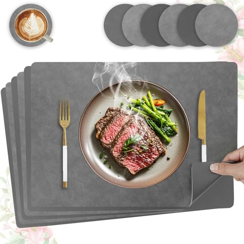 HELI MIAO Set de Table Lavable et Antidérapant, Lot de 6 Sets de Table en Cuir PU Double Face, Décoration de Cuisine et Cadeau Carré 43x30cm(Gris + Gris foncé)