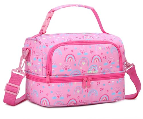 Chase Chic Lunch Bag for Girls, Insulated Reusable Large Cute Dual Lunch Bag Box Container for Kids Toddler School Daycare Pink Rainbow | Lightweight Reusable Cooler Bag, Detachable Shoulder Strap, Buckle Top Handle, for Toddler School Daycare, Pink Rainbow