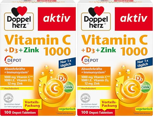 Doppelherz Vitamin C 1000 + D3 + Zink - Hochdosiert mit Vitamin C und Vitamin D zur Unterstützung des Immunsystems und zum Schutz der Zellen - 100 DEPOT-Tabletten (Packung mit 2)