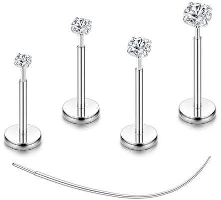 Chriscoco 4-8 Pcs G23 Titanio Piercing Trago Piercing Orecchio Naso Brillantino Helix Conch Labret Piercing CZ Piercing Labbro Inferiore Oro Argento Trago Piercing Donna 16G/18G/20G, A