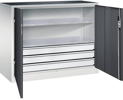 C+P | Werkstatt-Beistellschrank mit Flügeltüren und Schubladen | HxBxT 1000 x 1200 x 500 mm, lichtgrau / anthrazitgrau