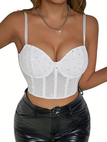 Sukiglam Damlinne, glittrande korsett, topp, sommar, topp, sexig spets, bustier, spagettiband, korsett med push up effekt, crop toppar, fest, corsage rave outfit, Y2k, linne, basic, camisole, Vit, L